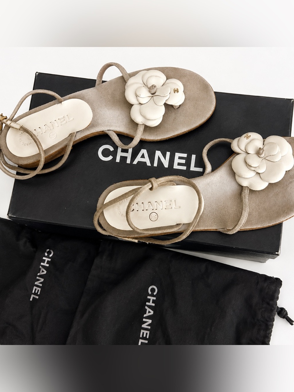 CHANEL Beige and Ivory Camellia Strap Sandals